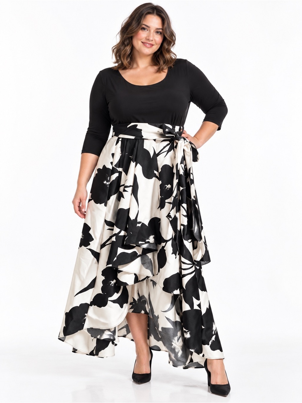 NY Collection XL Black White Floral High-Low Wrap Dress 3/4 Sleeve